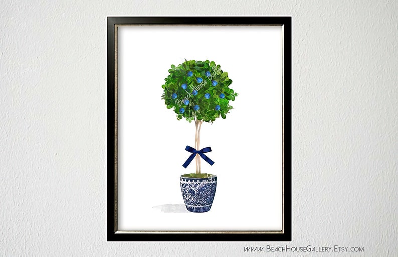 Blue White Chinosierie Topiary, Blueberry Watercolor, Gift for Plant Lover, Blue White Ginger Jar Print, Chinese Planter Preppy Wall Art image 4