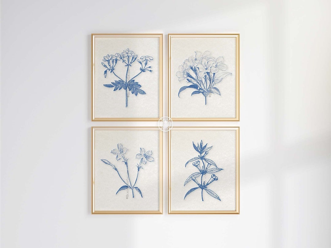 Blue White Botanical Wall Art Set of 4 Prints, Blue Botanical Art, Woodland Foliage, Blue Botanical, Floral Wall Art, Blue White Leaves