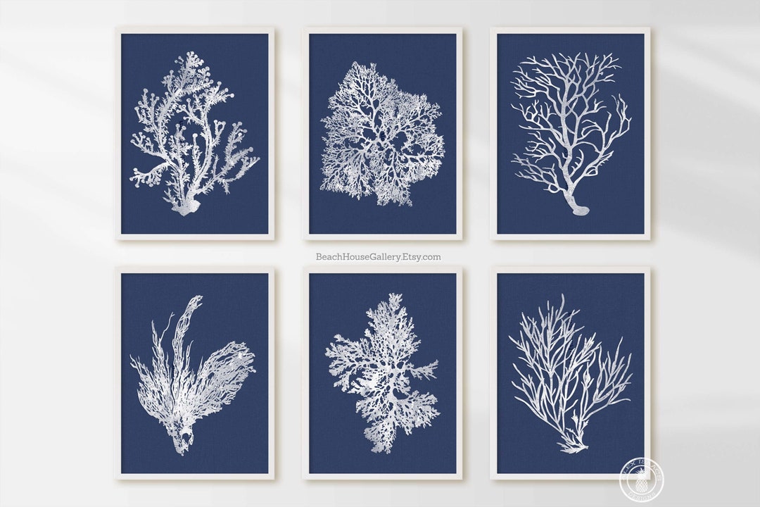 White Coral on Navy Blue, Navy Blue White Coral Print Set, Six Prints ...