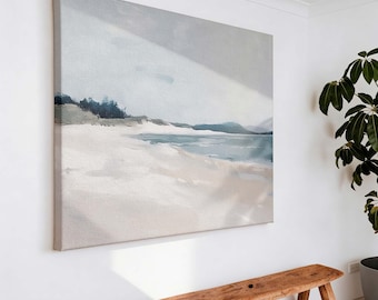 Neutral Beach Landscape Art Print: Coastal Beige & Blue Painting