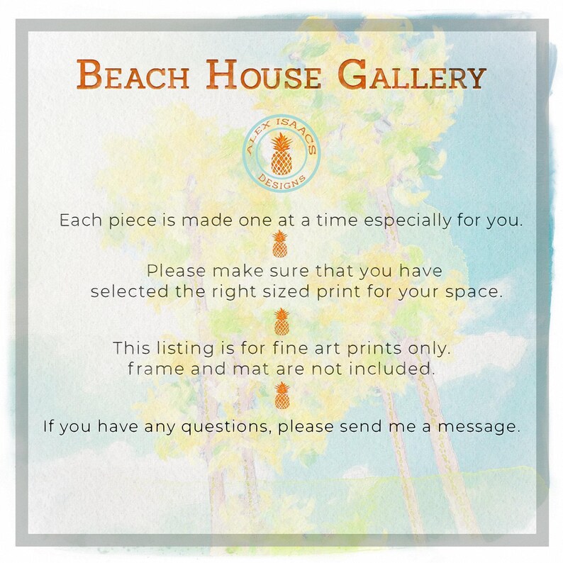 The image is a gallery listing for fine art prints, specifically featuring a painting of a palm tree. The text provides information about the gallery and the types of art prints available, but does not describe each individual piece in detail.