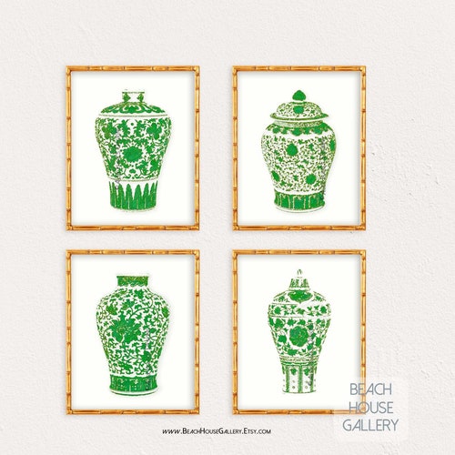 Green Ginger Jar Prints Set of 4 Green Chinoiserie Wall Etsy