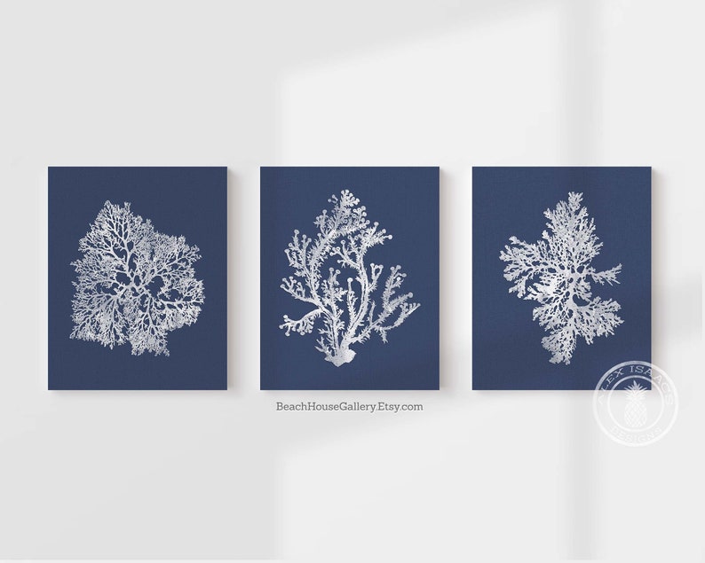 White Coral on Navy, Blue Coral Wall Art, Navy Blue Coral Print, Navy White Wall Art, Navy Blue Home Decor, Coral Print, Set of three image 3