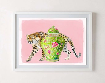 Cheetah Chinoiserie Print with Pink Watercolor Background | Hollywood Regency Gallery Wall | Maximalist Art Print or Canvas