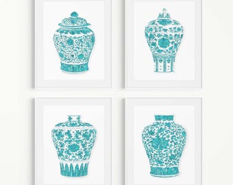 Turquoise Chinoiserie Ginger Jar Prints: Dining Room Wall Art, Set of 4