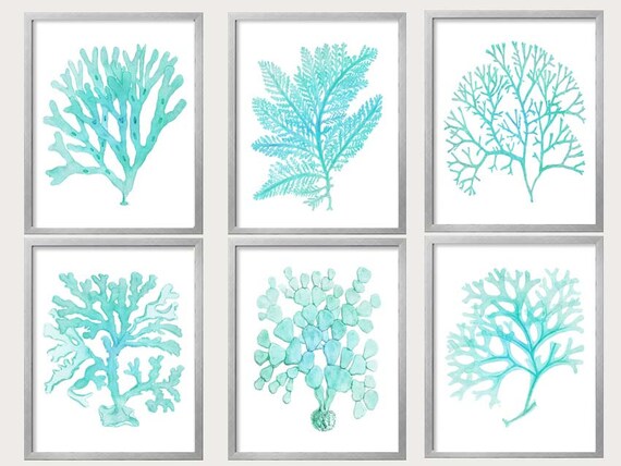 Turquoise Bathroom Art Mint Green Coral Prints Coastal Decor Beach House Gallery Aqua Wallart Ocean Decor Nautical Art Mint Bedroom