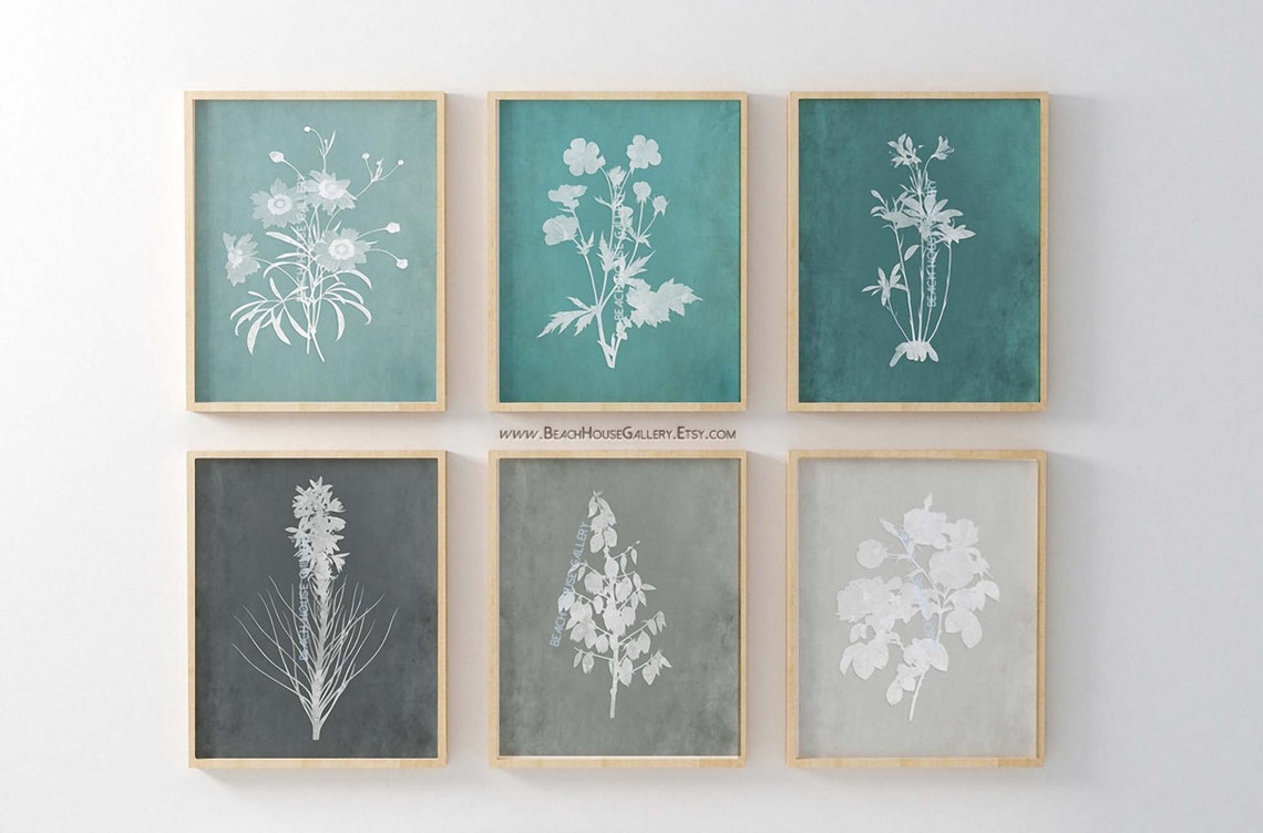 Teal and Gray Wall Art Botanical Print Set Rustic Farmhouse Etsy