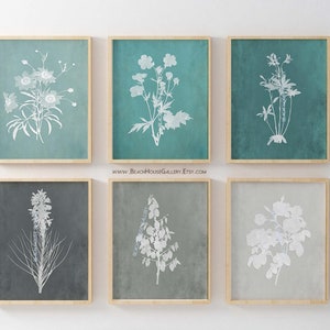 Teal and Gray Botanical Print Set: Wildflower Silhouettes set of 6