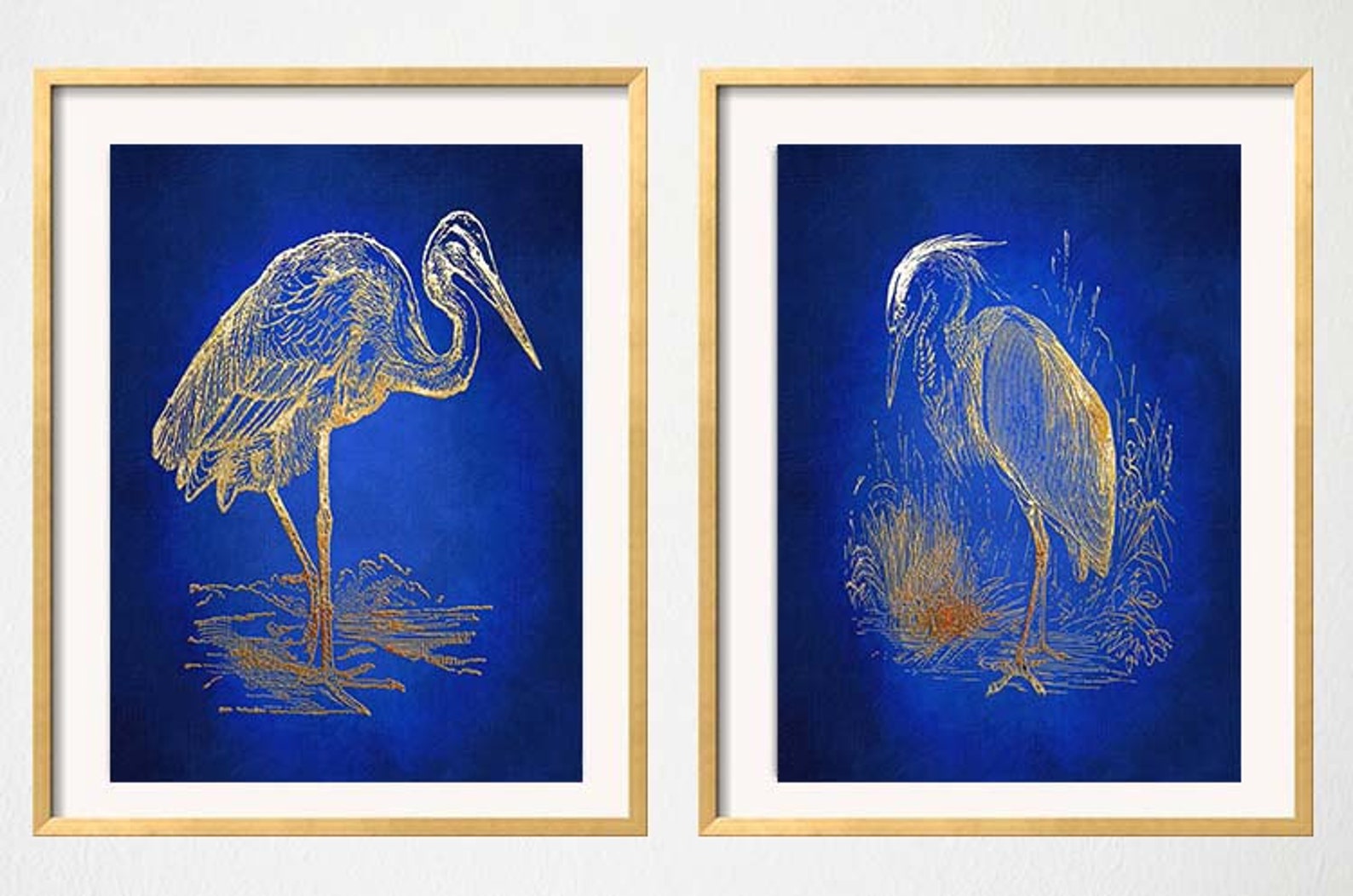 Blue Heron Wall Art Great Blue Heron Blue Gold Wall Art Etsy