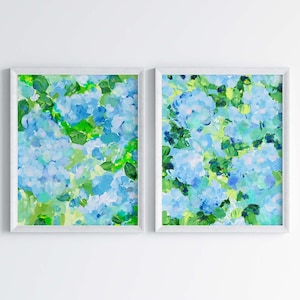 Blue Hydrangea Floral Art Prints: Southern Home Decor Set of 2