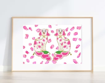 Pink Staffordshire Dogs Chinoiserie Art Print: Preppy Palm Beach Decor