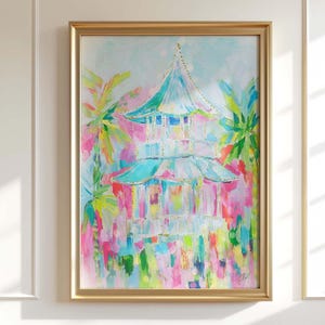 Chinoiserie Pagoda Print: Pink & Green Palm Beach Wall Art (Unframed Canvas/Print Available