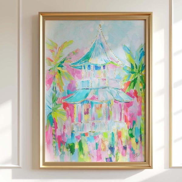 Chinoiserie Pagoda Print: Pink & Green Palm Beach Wall Art (Unframed Canvas/Print Available