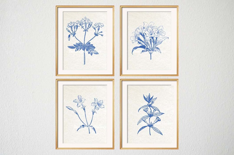 Blue White Botanical Wall Art Set of 4 Prints Blue Botanical Etsy