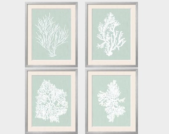 Sage Wall Art, Palladian Blue Art, Sea Foam Green, Coral Print Set, Palladian Blue Wall Art, Bathroom Wall Art, Bedroom Wall Art, Set of 4