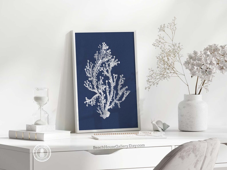 White Coral on Navy, Blue Coral Wall Art, Navy Blue Coral Print, Navy White Wall Art, Navy Blue Home Decor, Coral Print, Set of three image 7