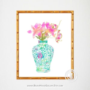 Turquoise Ginger Jar Print: Hot Pink Floral Chinoiserie Art