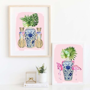 Set of 2 Chinoiserie Jar Prints | Preppy Southern Decor | Chinoiserie Cheetah and Flamingo Art Blue White Ginger Jar Prints | Blue White Art