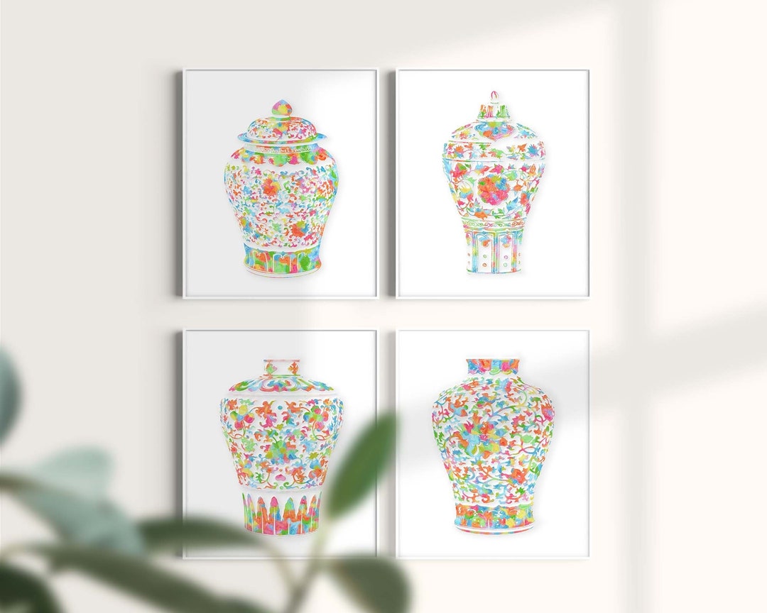 Colorful Ginger Jar Prints, Set of 4 , Chinoiserie Chic Wall Art
