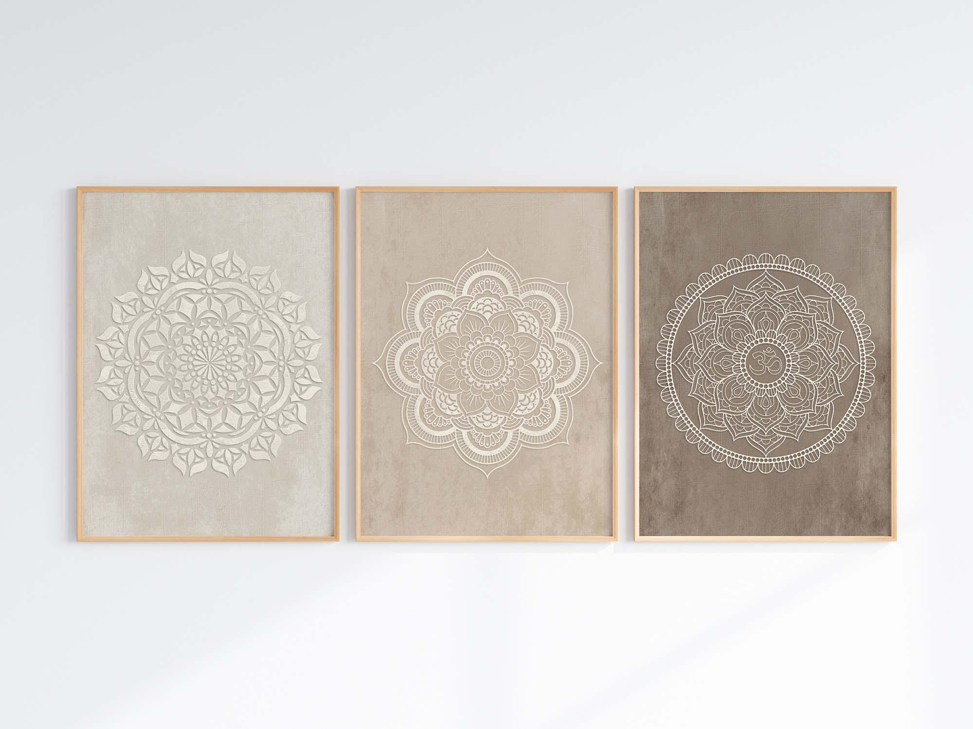 Neutral Mandala Wall Art Set of 3 – Minimalist Boho Art in Beige and ...