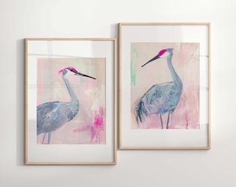 Pink Sandhill Crane Print - Tropical Watercolor Wall Art