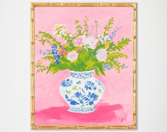 Chinoiserie Floral Art Print: Pink & Blue Ginger Jar Painting