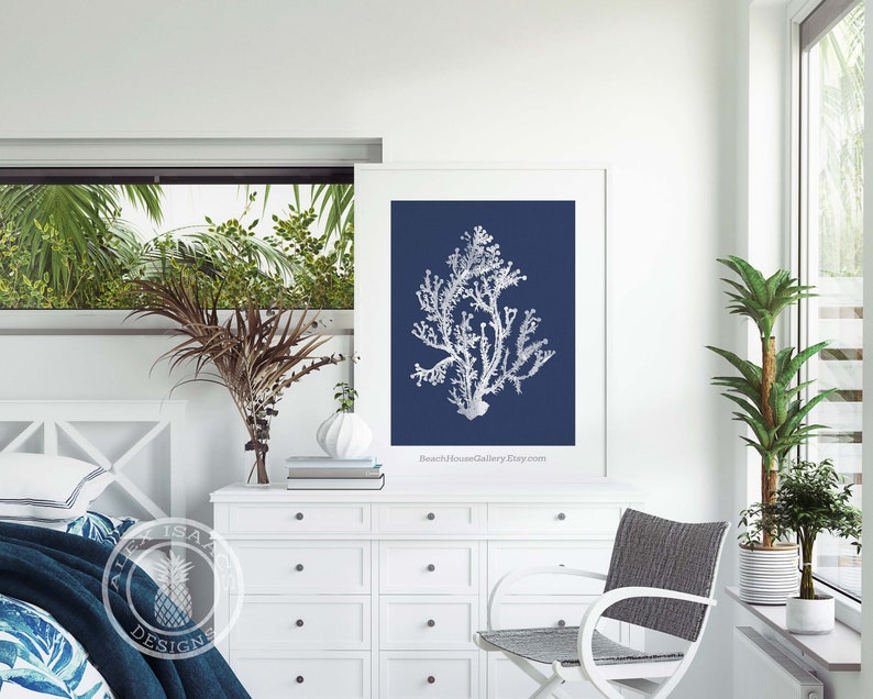 Blue Coral Wall Art Navy Blue Coral Print Navy White Wall Etsy UK