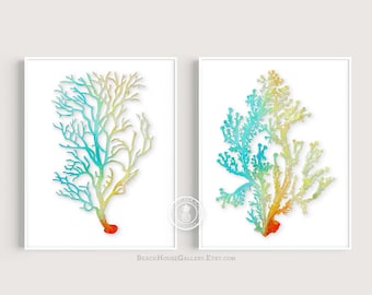 Summer Art Antique Illustration Sea Coral Print Set of Two,  Coral Wall Art, Coral Print, Sealife print , Teal Orange Coral Prints