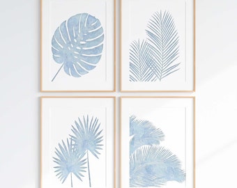 Blue Palm Fronds Art Prints: Coastal Botanical Set of 4