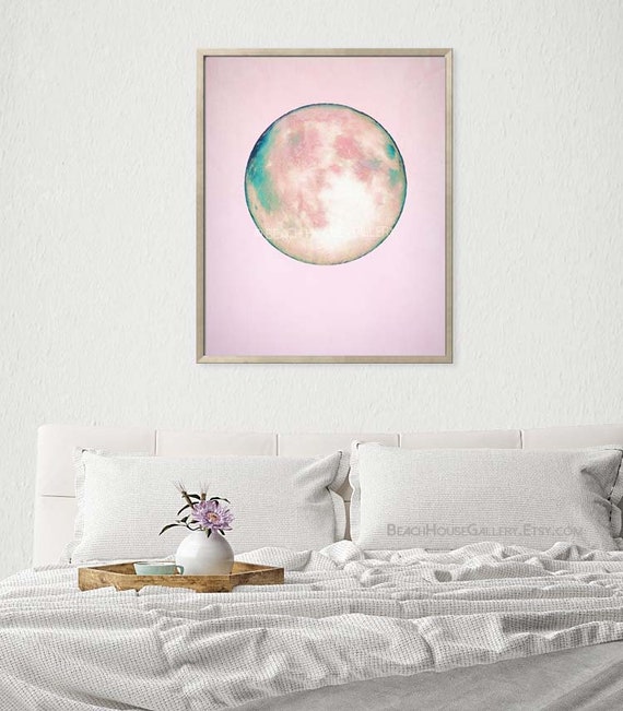 Pink Full Moon Watercolor Print Pink Bedroom Art Above the Etsy