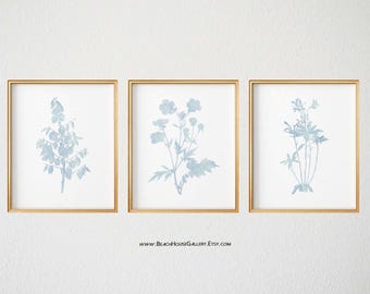 Blue Botanical Prints Set: Modern Farmhouse Wall Art