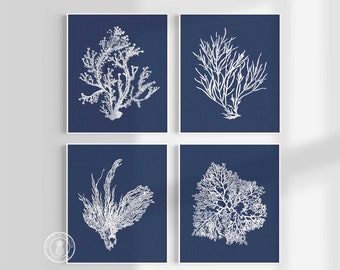 Coral Prints, White on Blue Sea Coral Print Set of 4, Grandmillenial Coastal Art, Hamptons Style Coral Prints, Nautical Decor Art, Navy Blue