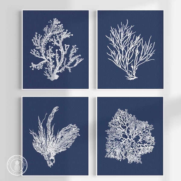 Coral Prints, White on Blue Sea Coral Print Set of 4, Grandmillenial Coastal Art, Hamptons Style Coral Prints, Nautical Decor Art, Navy Blue