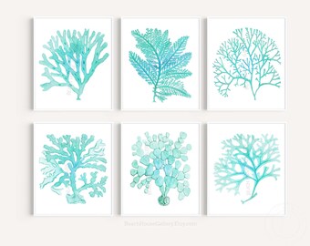 Light Blue Aqua And White Bedroom Wall Art, Coastal Art, Set of Six, Coral Wall Art, Sea Coral Print, Aqua Coral Prints, Beach House Gallery