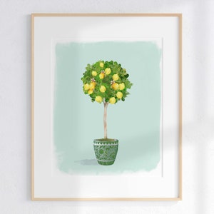 Lemon Topiary Art Print: Turquoise Chinoiserie Planter, Summer Wall Decor