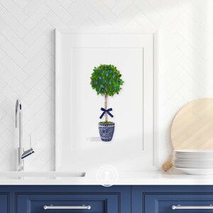 Blue White Chinosierie Topiary, Blueberry Watercolor, Gift for Plant Lover, Blue White Ginger Jar Print, Chinese Planter Preppy Wall Art image 2