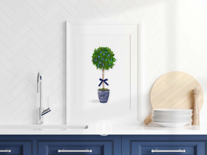 Blue White Chinosierie Topiary, Blueberry Watercolor, Gift for Plant Lover, Blue White Ginger Jar Print, Chinese Planter Preppy Wall Art image 2