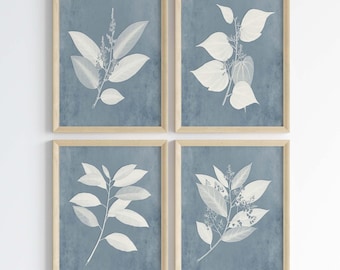 Denim Blue Botanical Prints: Modern Farmhouse Wall Art, Set of 4