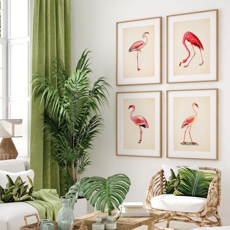 Flamingo Prints Set: Chinoiserie Chic, Tropical Wall Art image 3