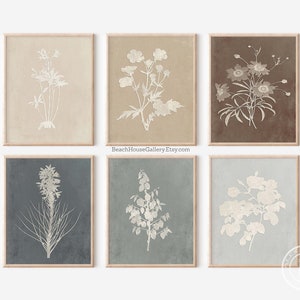 Botanical Print Set, Rustic Farmhouse Gray Beige Botanical Prints, Cream Floral Prints, Living Room Decor, Gray Cream Taupe Botanical Art