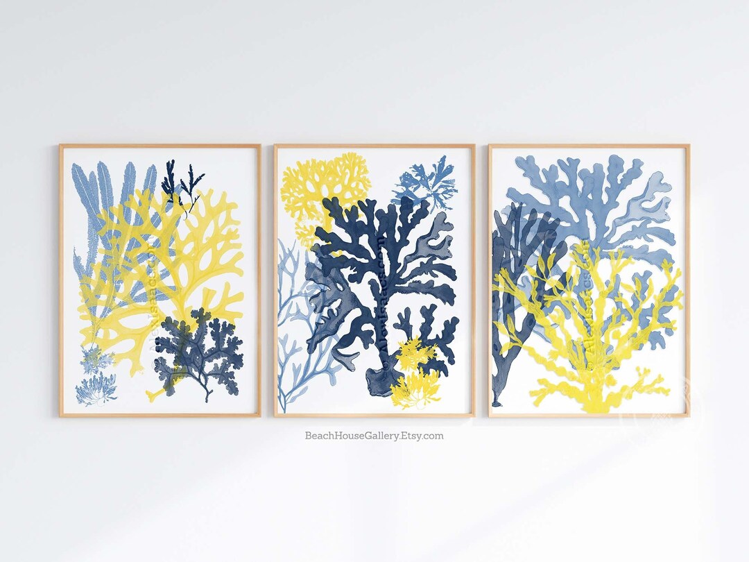 Sea Coral Art Prints: Navy Blue & Yellow Coastal Wall Decor (set of 3 ...