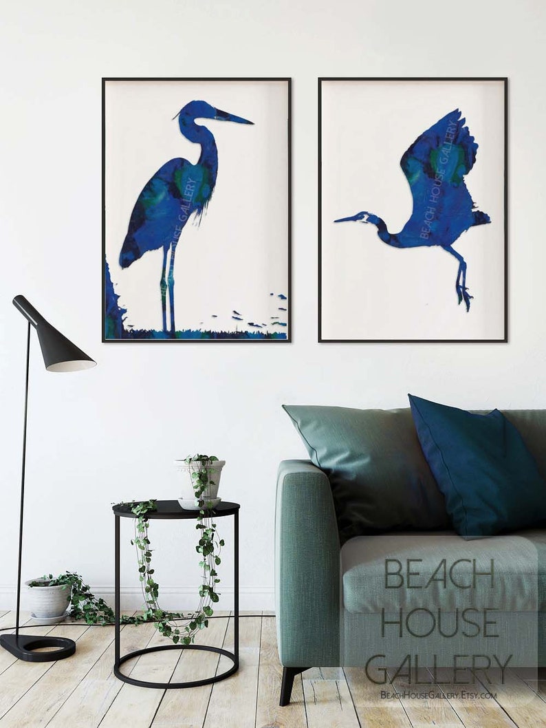 Blue Heron Wall Art Navy Nautical Set of 2 Art Prints Navy Etsy