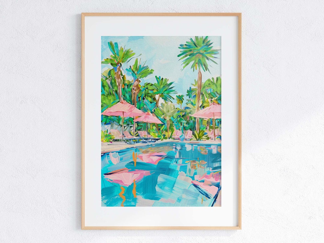 Tropical Poolside View Watercolor Painting - Beach Condo Wall Decor ...