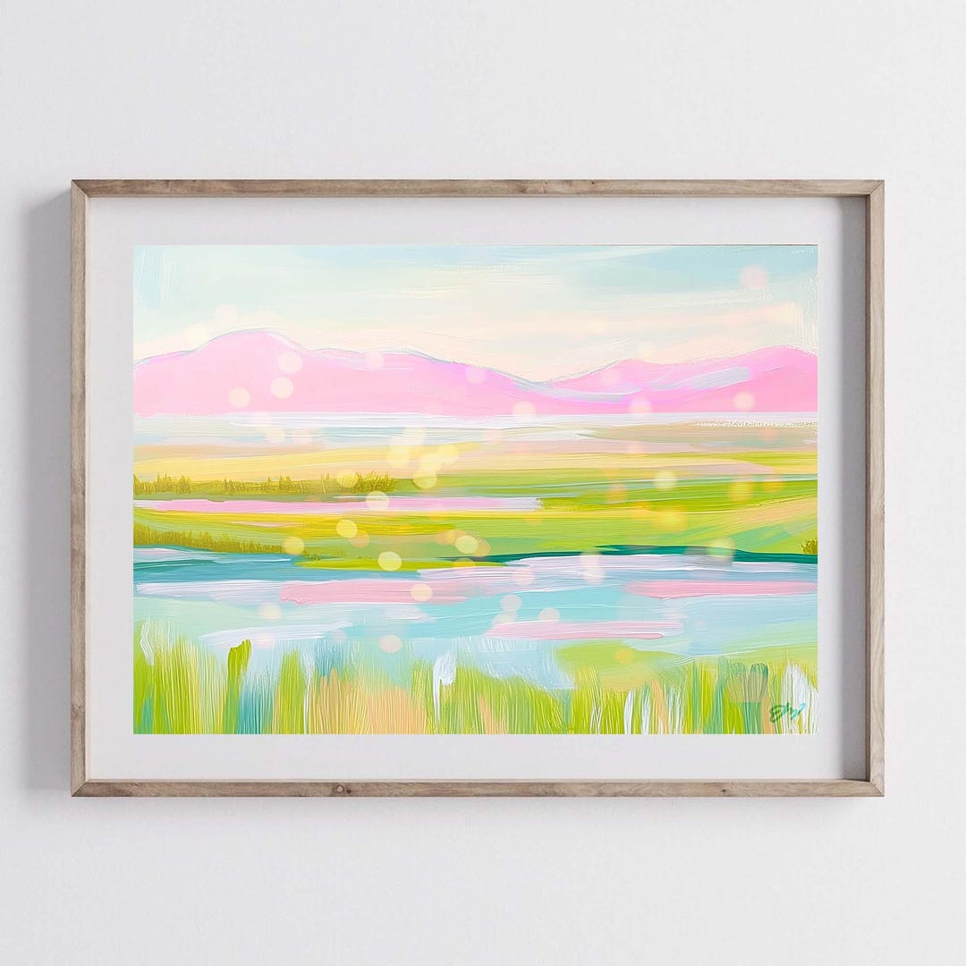 Coastal Marsh Art Print: Preppy Pink Green Landscape - Etsy