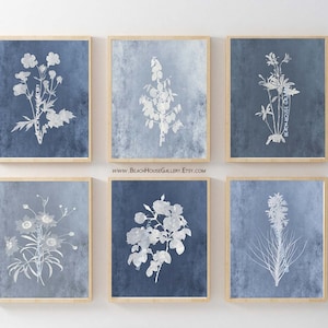 Indigo Wall Art, Navy Blue Botanical Art, Indigo Blue Farmhouse Botanical Prints, Boho Botanical Wall Art, Unframed, Indigo Blue Bedroom Art
