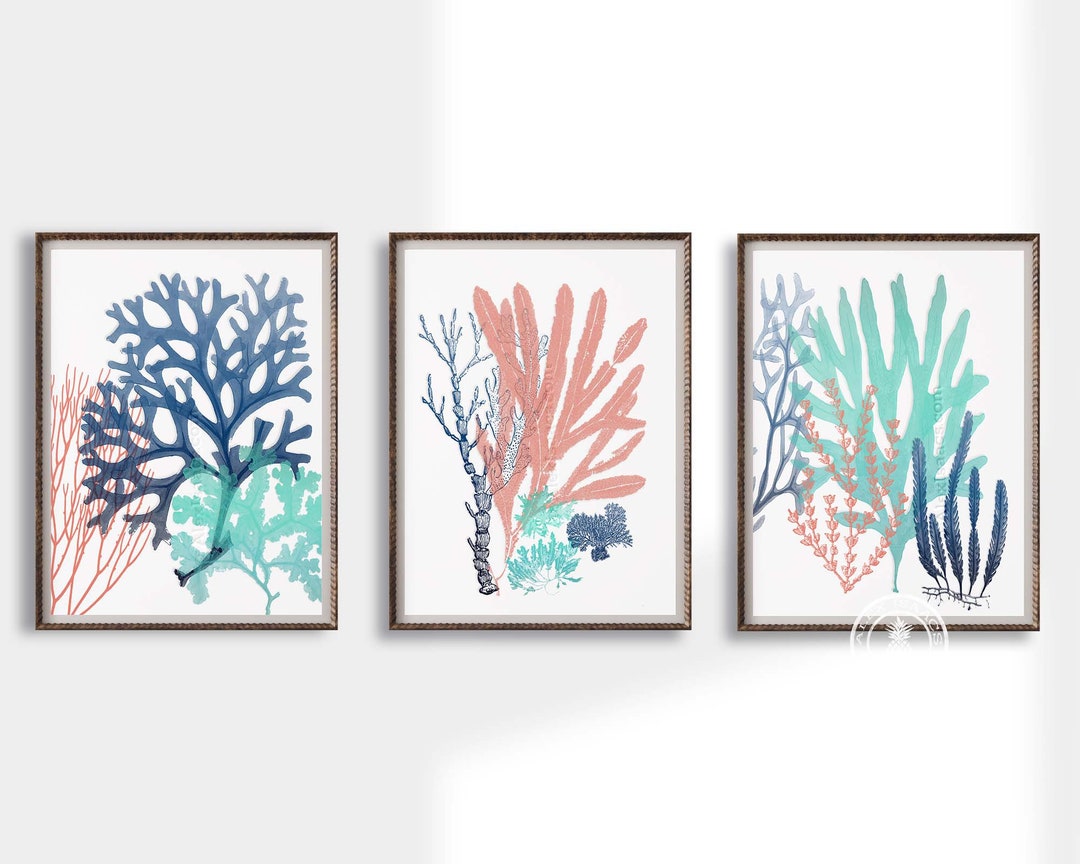 Navy Turquoise Coral Art Beach House Gallery Bathroom Art - Etsy