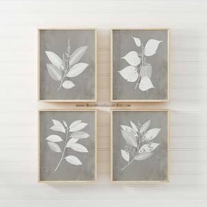 Gray Botanical Print Set of Four Prints, Warm Gray Wall Art, Rustic Farm House Art, Modern Farmhouse Decor, Gray Living Room Botanical Art