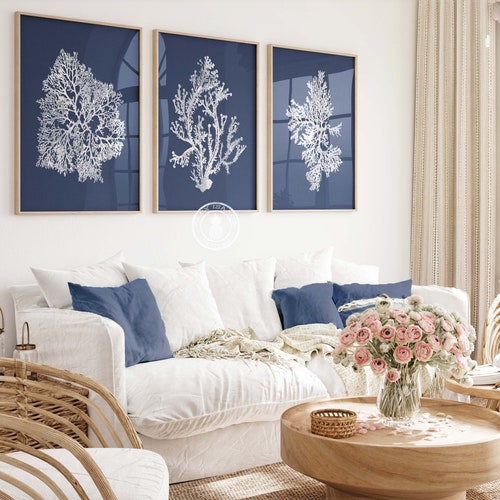 Blue Coral Wall Art Navy Blue Coral Print Navy White Wall Etsy UK