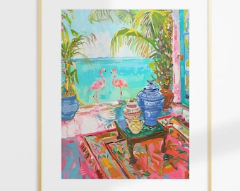 Chinoiserie Flamingo Art Print: Palm Beach Coastal Decor