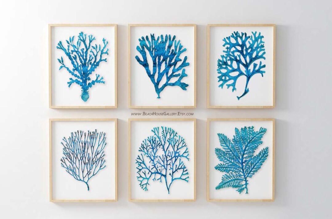 Bright Blue Corals on White, Beach House Prints, Beach House Art, Coral